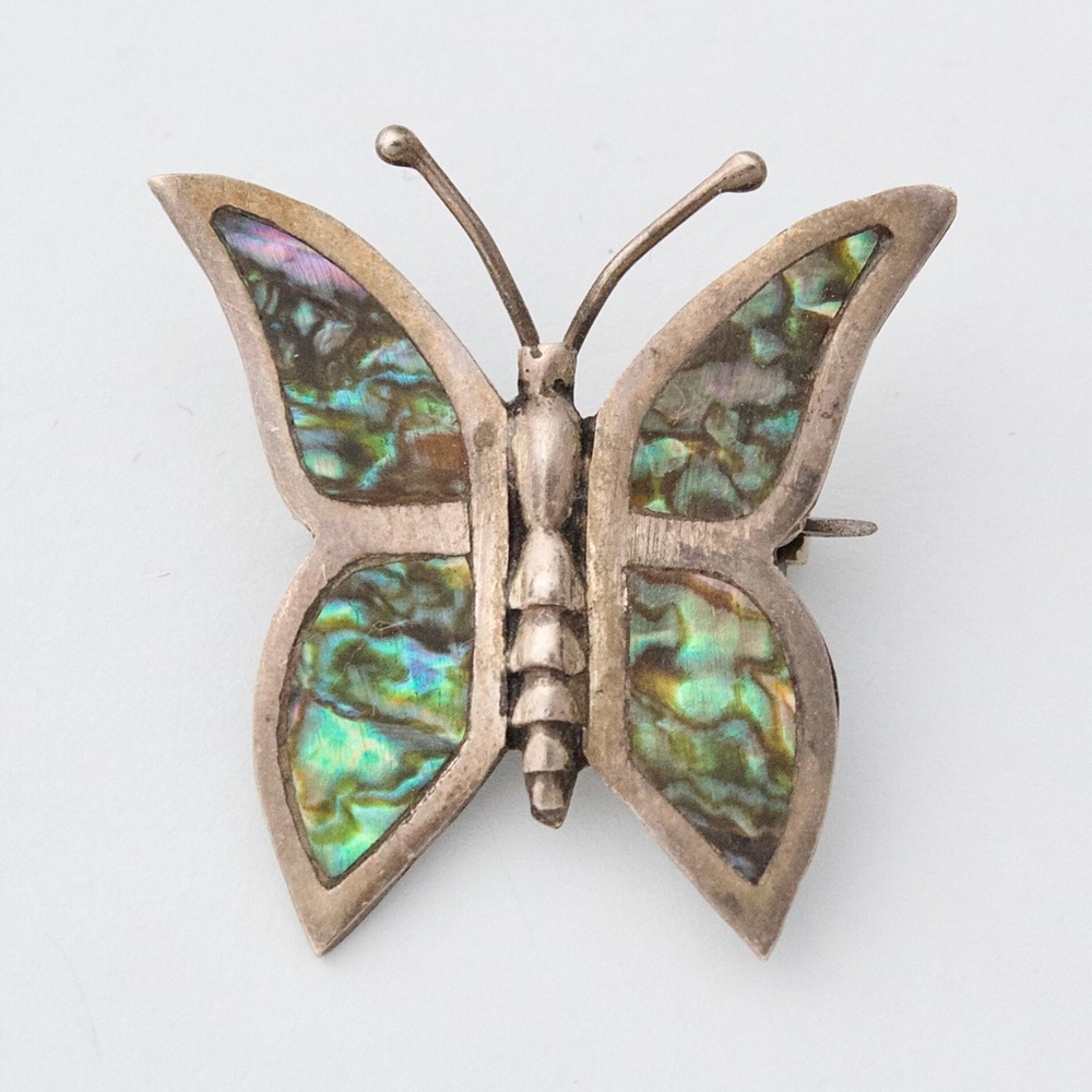 Vintage Abalone Shell Inlay Sterling Silver Butterfly Brooch Pin ECF 925 Mexico